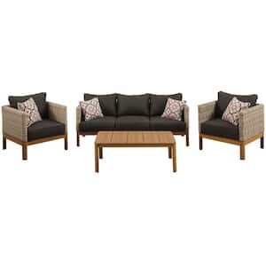 Blake 4-Piece Wicker Patio Conversation Deep Seating Set with Black Cushions, All-Weather, Wood Accents