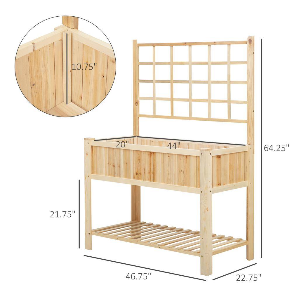 Natural Wood Raised Garden Bed with Trellis and Storage Shelf