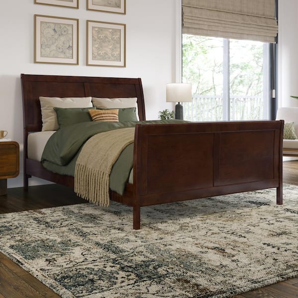 AFI Valencia Walnut Brown Solid Wood Frame Full Low Profile Sleigh Platform Bed with Matching Footboard