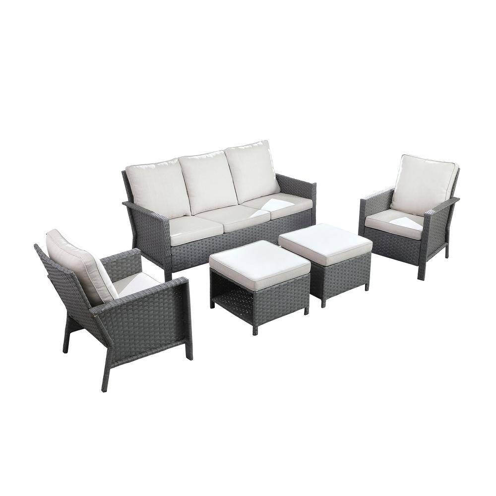Grey 5-Piece Wicker Outdoor Sectional Set with Beige Cushions