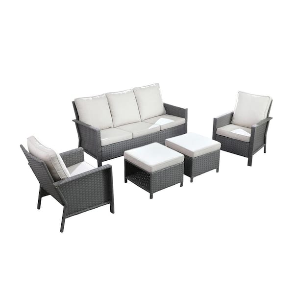 Grey 5-Piece Wicker Outdoor Sectional Set with Beige Cushions WBY ...