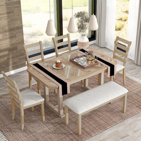 6-Piece Brown Wood Top Dining Room Set Seats 6 with Grain Pattern Tabletop and Coshioned Chair and Bench
