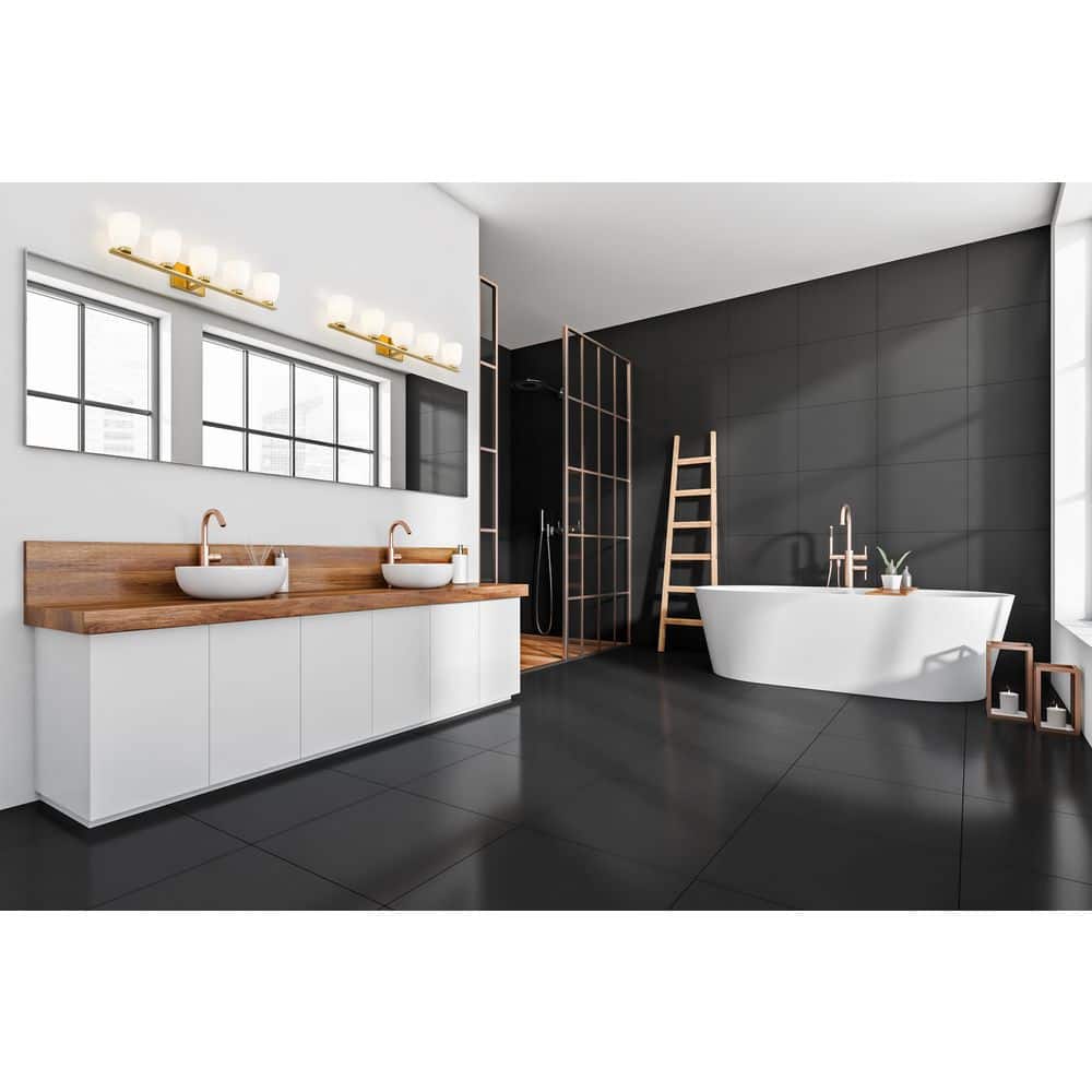 Naya 40 in. 5 Light Modern Gold Vanity Light with Matte Opal Glass Shade price history on PriceWatchPro