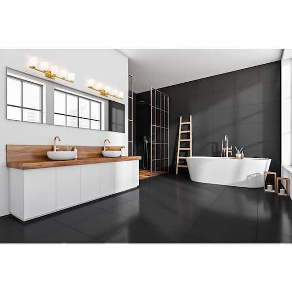 Naya 40 in. 5 Light Modern Gold Vanity Light with Matte Opal Glass Shade