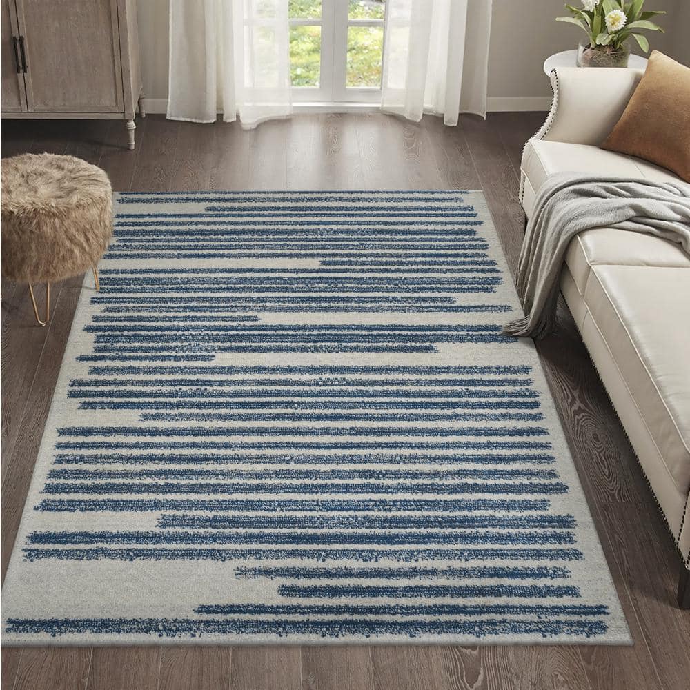 Khalil Cream and Navy Striped Synthetic Area Rug 5'3" x 7'7"