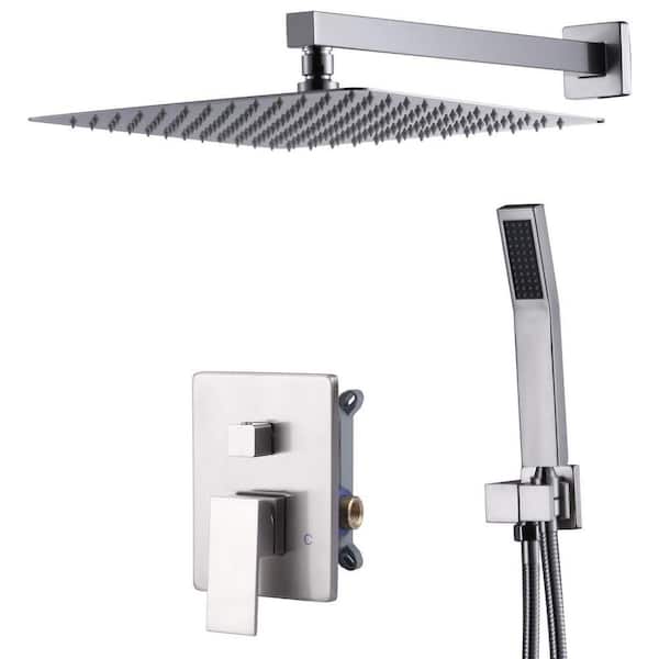 Single Handle 2-Spray Shower Faucet Set 1.8 GPM 12 in. Rain Shower Head and Handheld Spray with Valve in. Bruhsed Nickel