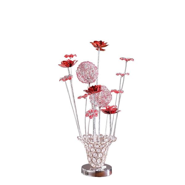 ORE International 20.75 in. Red Rose and Red/Silver Flower Bud Table Lamp with Trumpet Vase