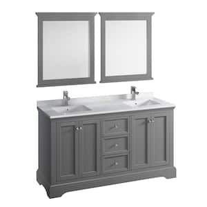 Windsor 60 in. W Traditional Double Bath Vanity in Gray Textured Quartz Stone Vanity Top in White White Basins, Mirrors