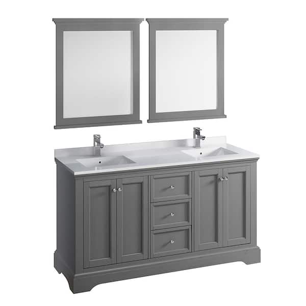 Fresca Windsor 60 in. W Traditional Double Bath Vanity in Gray Textured Quartz Stone Vanity Top in White White Basins, Mirrors