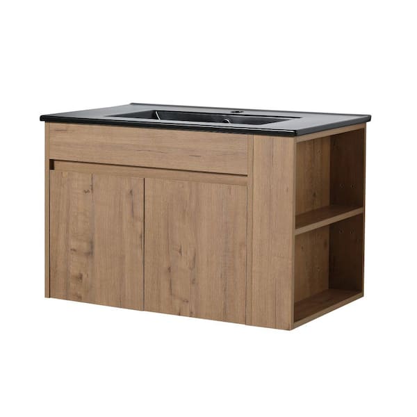 EPOWP 30 in. W x 18.3 in. D x 19.7 in. H Wall Mount Floating Bath Vanity in Imitative Oak with Black Ceramic Top