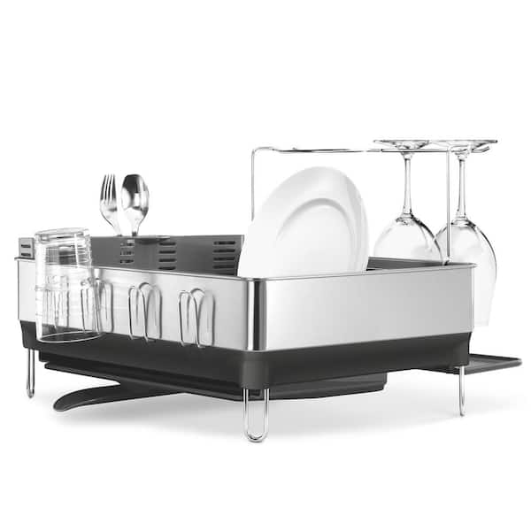 simplehuman Steel Frame Dish Rack with Wine Glass Rack in Fingerprint-Proof Stainless Steel and Grey Plastic