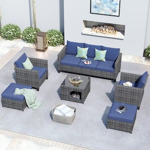 Moxie Gray 6-Piece Wicker Outdoor Patio Conversation Seating Set with Denim Blue Cushions