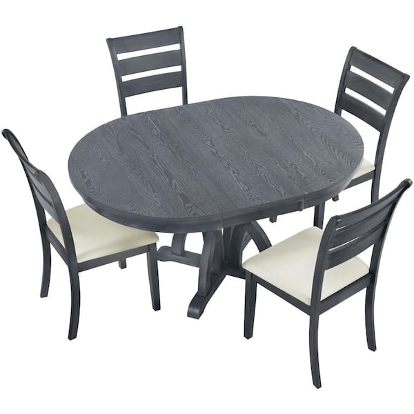 Unbranded Gray 5-Piece Farmhouse Wood Outdoor Dining Set with Extendable Kitchen Oval Table and 4-Ladder Back Dining Chairs