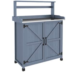 35.75 in. W x 49 in. H Gray Wooden Potting Bench with Storage Cabinet with 2 Shelves Galvanized Plated Tabletop