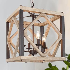 4-Light Rustic Wood Farmhouse Chandelier with Distressed Wood and Aged Iron