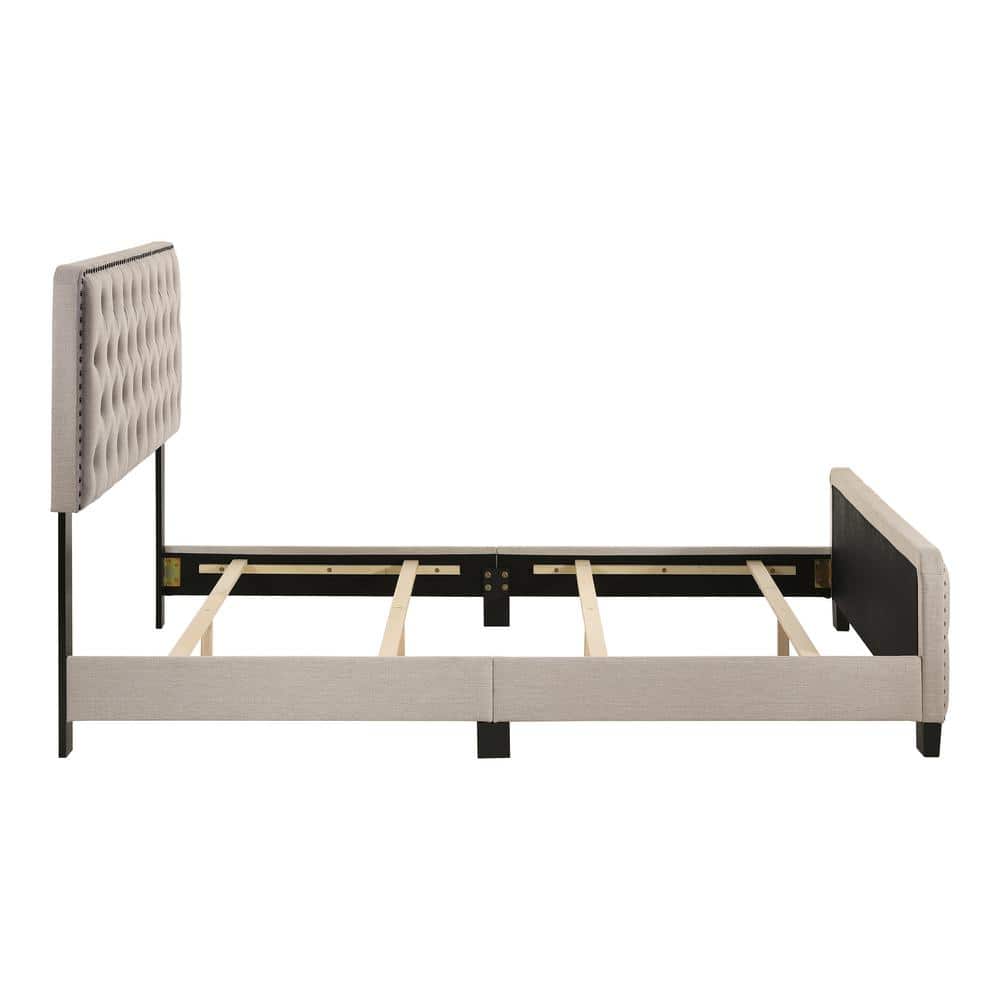 Beige Full Upholstered Wood Bed with Tufted Headboard
