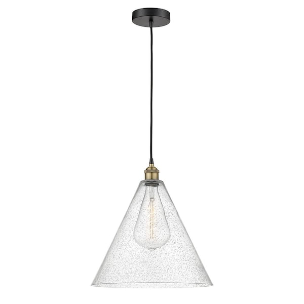 Innovations Edison Cone 100-Watt 1-Light Black Antique Brass Shaded Mini Pendant Light with Seeded Glass Shade