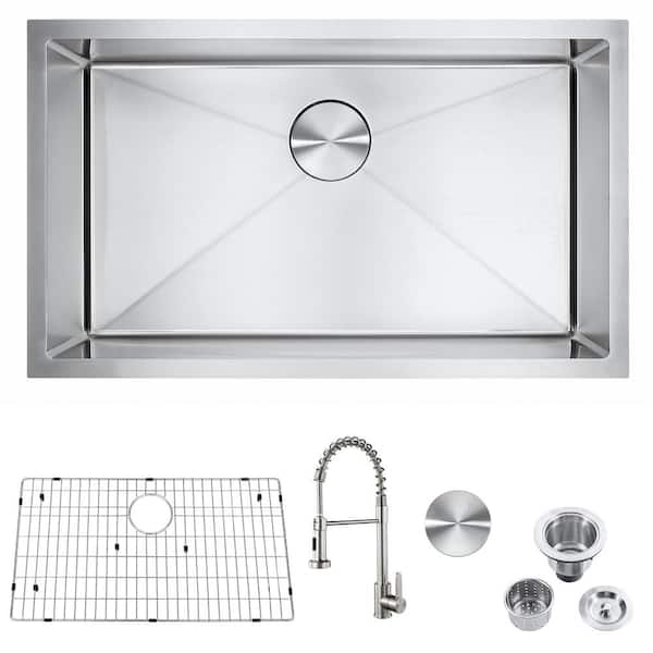 Unbranded 30 in. Undermount Single Bowl 18 Gauge Stainless Steel Kitchen Sink with Faucet and Bottom Grids