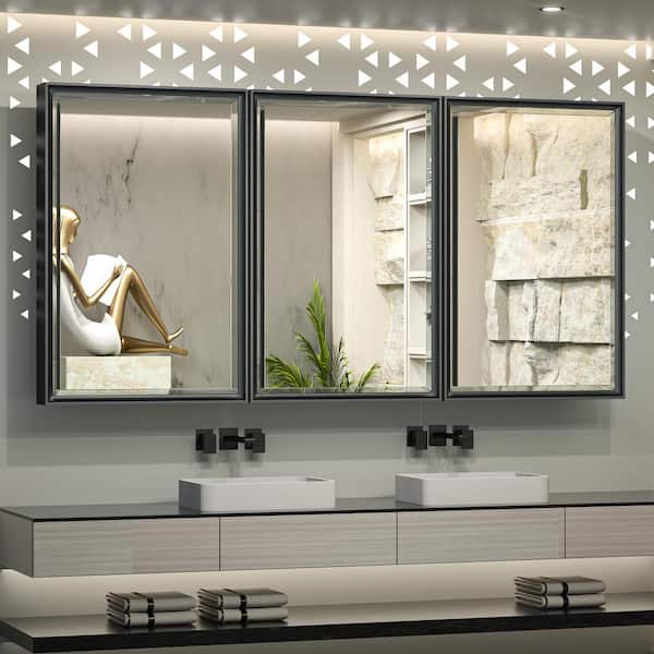 60 in. W x 30 in. H Rectangular Black Metal Framed Beveled Surface Mount/Recessed Medicine Cabinet with Mirror