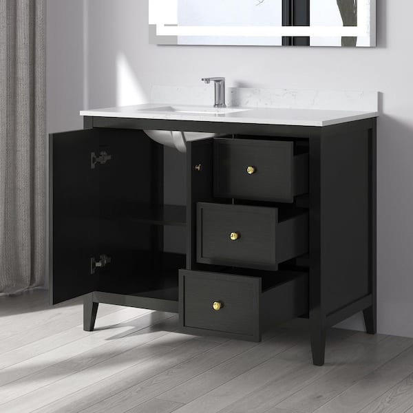 Fluctus 42 in. W x 22 in. D x 35 in. H Single Sink Freestanding Bath Vanity in Black Oak w/Calacatta Cultured Marble Top