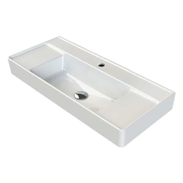 Sharp Modern White Ceramic Rectangular Wall Mounted Sink with Single Faucet Hole