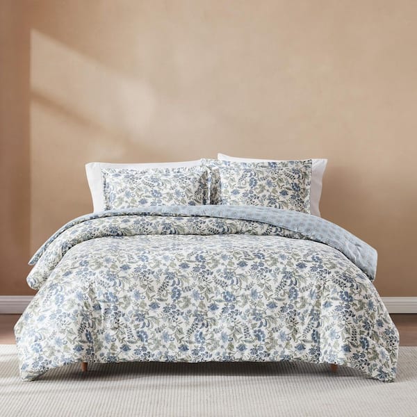 Lillian Block Print Reversible 3-Piece Blue/Sage Microfiber King/Cal King Comforter Set