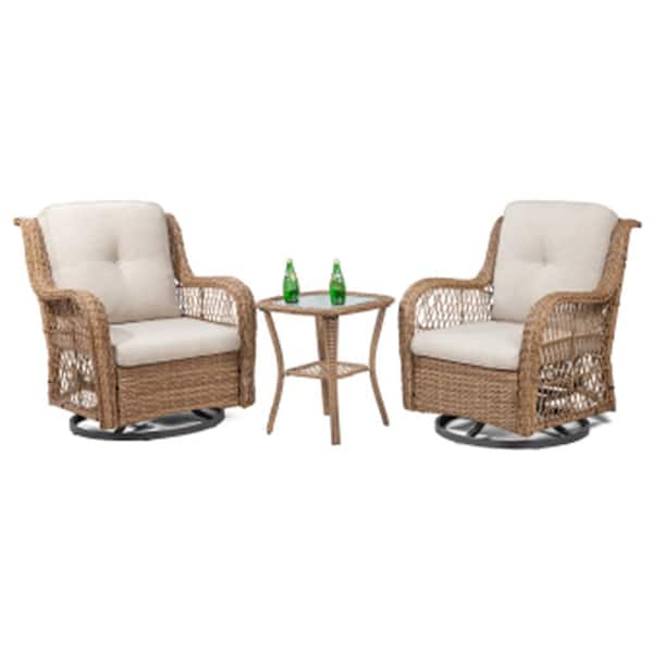 Tenleaf 3-Piece Yellow Wicker Outdoor Rocking Chair Set with Beige Cushions Patio Conversation Set