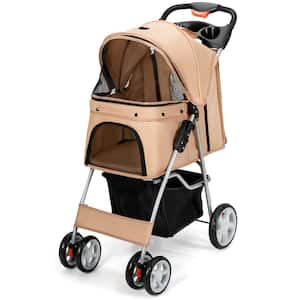 Foldable Pet Carrier 4-Wheel Pet Stroller in Beige with Adjustable Canopy and Storage Basket
