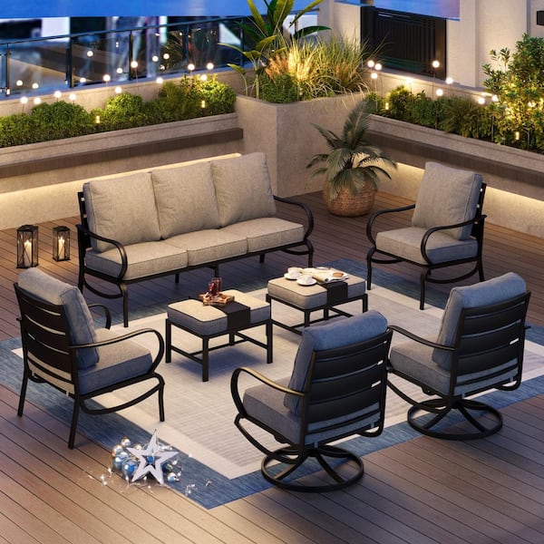 PHI VILLA Black Slatted 9-Seat 7-Piece Metal Outdoor Patio Conversation Set with Gray Cushions, 2 Swivel Chairs, 2 Ottomans