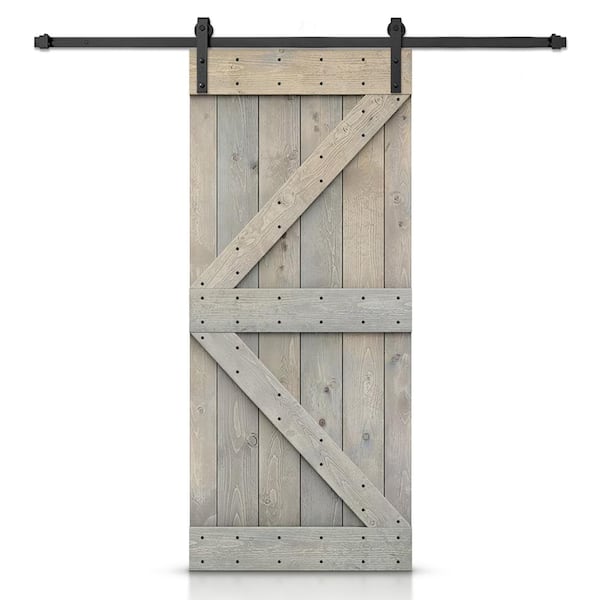 CALHOME K Series 26 in. x 84 in. Smoke Gray Stained DIY Knotty Pine Wood Interior Sliding Barn Door with Hardware Kit