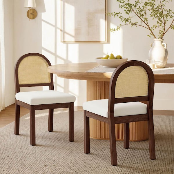Apex Walnut Boho Dining Chair with Rattan Back, Upholstered Seat, Solid Rubber Wood Frame, Set of 2