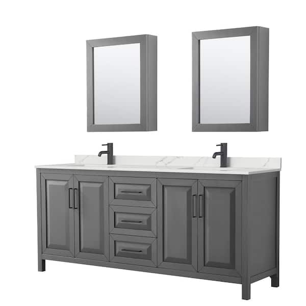 Wyndham Collection Daria 80 in. W x 22 in. D x 35.75 in. H Double Bath Vanity in Dark Gray with Giotto Quartz Top and Mirrors