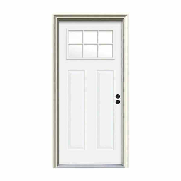 JELD-WEN 30 in. x 80 in. 6 Lite Craftsman White Painted Steel Prehung Left-Hand Inswing Front Door w/Brickmould