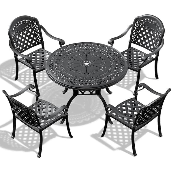 BTMWAY 5-Piece Cast Aluminum Patio Furniture Conversation Set Outdoor Dining Set with Random Color Cushions & Umbrella Hole
