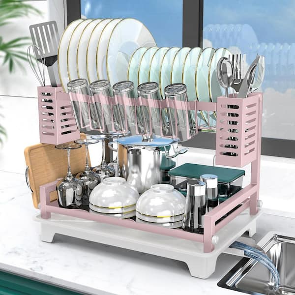 Wudkey 2-Tier Pink Dish Rack, Large Dish Drying Rack with Drainboard and Utensil Holders for Kitchen Counter
