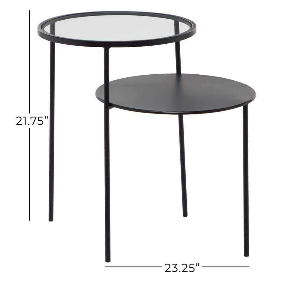 Sleek 23" Black Metal and Glass Round Accent Table with Storage