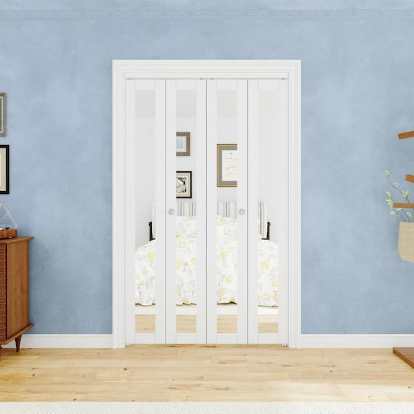 48 in. x 80 in. 1-Lite Mirrored Glass and Solid Core White Finished MDF Close Bi-fold Door with Hardware