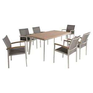 Waldorf Silver 7-Piece and Grey Aluminum Outdoor Dining Set with Faux Wood Table Top