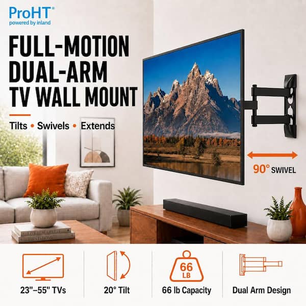 Full Motion Dual Arm TV Wall Mount for 23 in. to 55 in. Flat Panel TV's with 20° Tilt, 66 lbs. Load Capacity