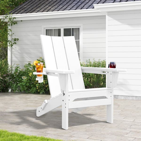 Classic White Folding Plastic Adirondack Chair with Double Cup Holder