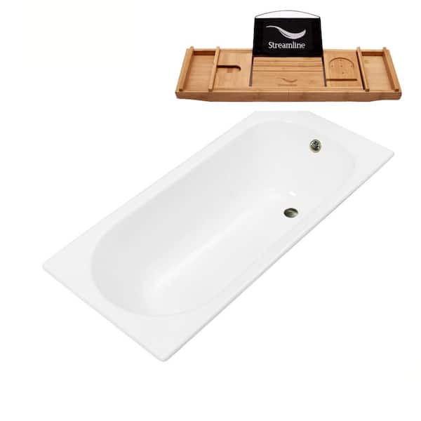 Streamline 59 in. Cast Iron Rectangular Drop-in Bathtub in Glossy White with Brushed Nickel External Drain and Tray