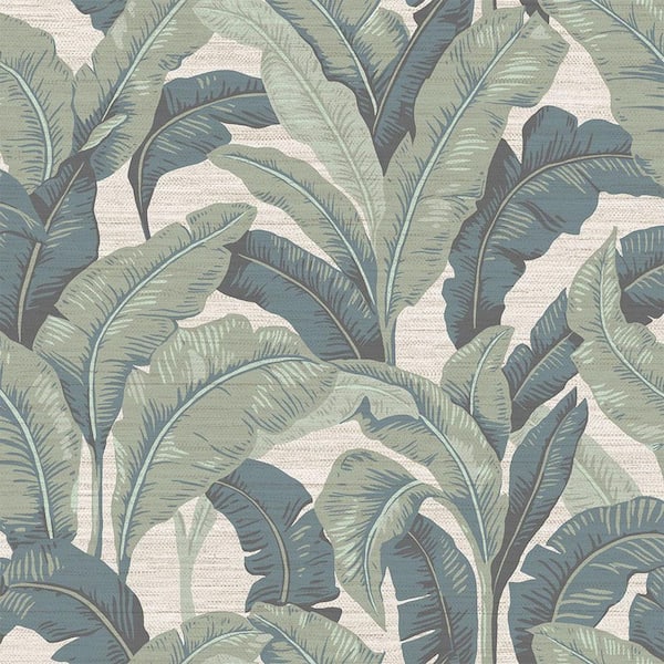 Sage Green Layered Palms Faux Grasscloth Vinyl Peel and Stick Textured Wallpaper Roll (Covers 56 sq. ft. )