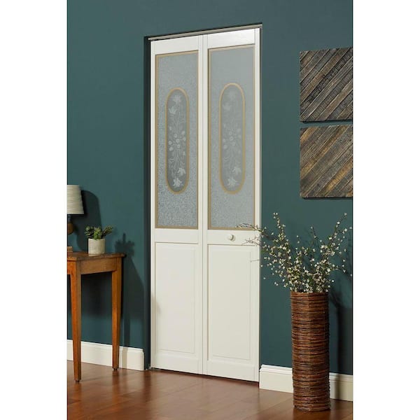 30 in. x 80 in. Glass Over Panel Victorian 1/2-Lite Decorative  Universal/Reversible Interior Wood Bi-fold Door