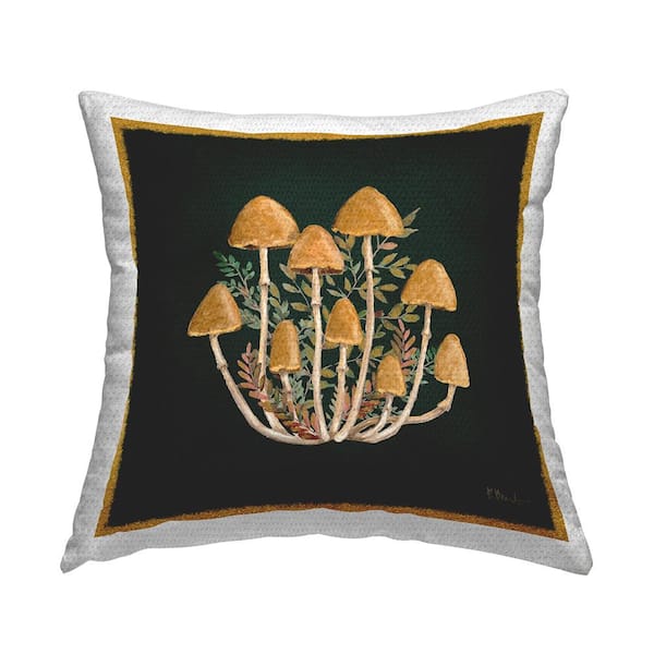 Woodland Mushroom Botanicals Black Square Outdoor Throw Pillow