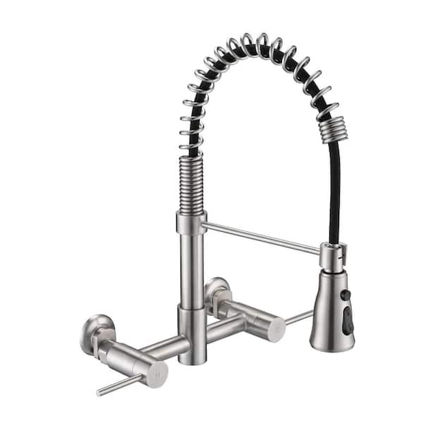 Fapully Double Handle Bridge Kitchen Faucet with in Brushed Gold Wall Mounted Pull-Down Sprayer Head, Commercial Kitchen Faucet