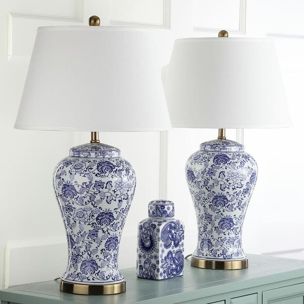 Spring Blossom 29 in. Navy/White Multi Floral Ceramic Urn Table Lamp with Off-White Shade (Set of 2)
