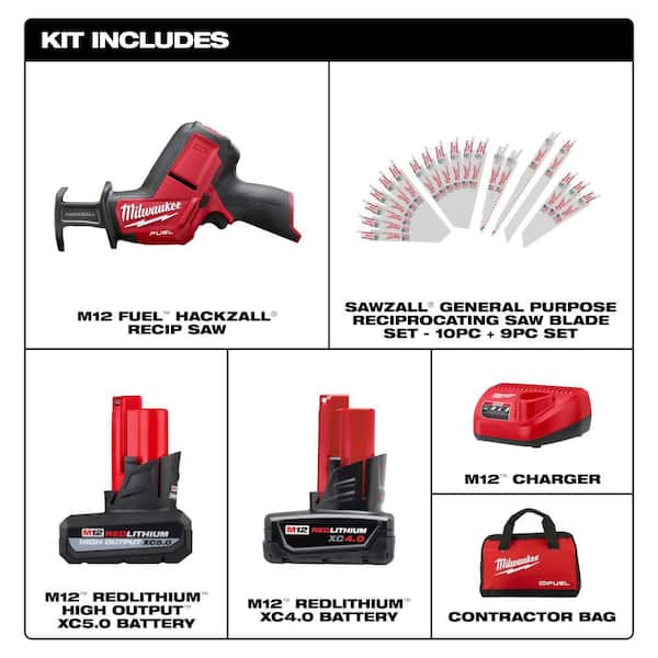 M12 FUEL 12V Li-Ion HACKZALL Kit w/ 5.0Ah XC HO Battery & SAWZALL Wood/Metal Blade Set (19-Pc)