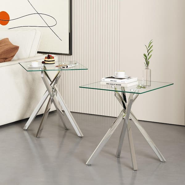 1 Piece 17.72 in. Square Clear Tempered Glass End Table with Silver Metal Legs, Modern Living Room Side Table