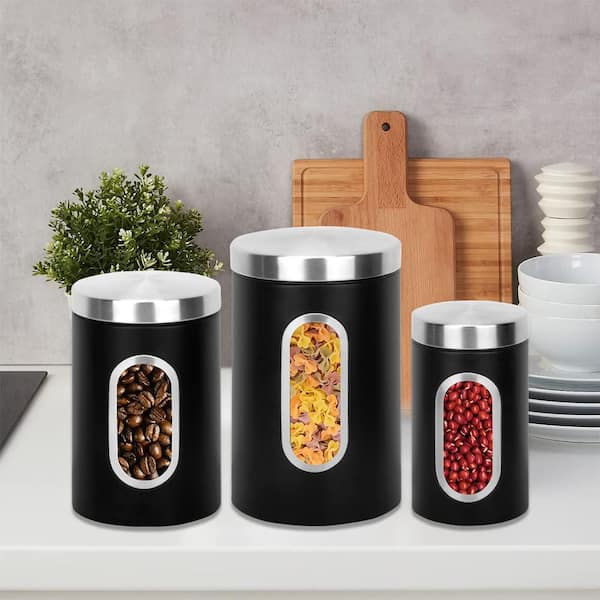 3-Piece Black Stainless Steel Kitchen Canister Set with Clear Window and Wooden Spoon