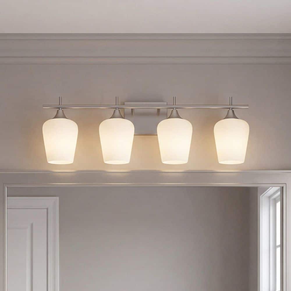 Octave 28.75 in. W x 9.5 in. H 4-Light Satin Nickel Bathroom Vanity Light with White Opal Glass Shades price history on PriceWatchPro